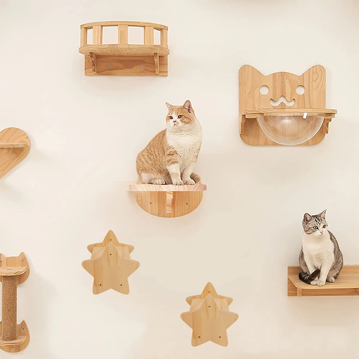 Wall Mounted Cat Climbing Shelves Cat House Cat Bridge Cat Hammock with Scratching Post and Pedals or Stairway for Kittens