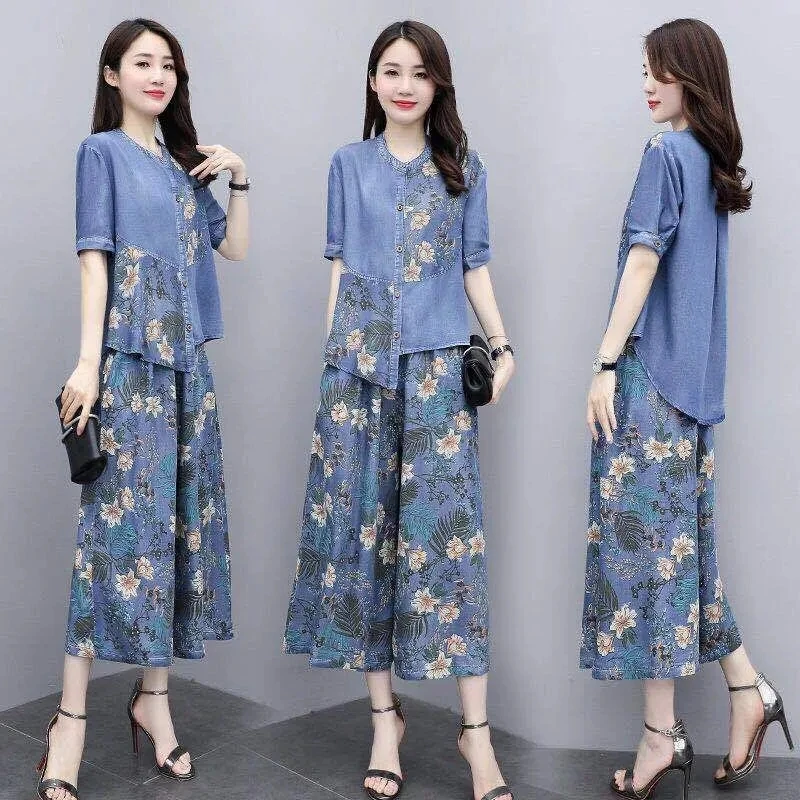 Ethnic Style Denim Wide Leg Pants Sets For Women Spring Summer NEW Embroidery Cowboy Jacket +Jeans Pants Suits Female Outfits