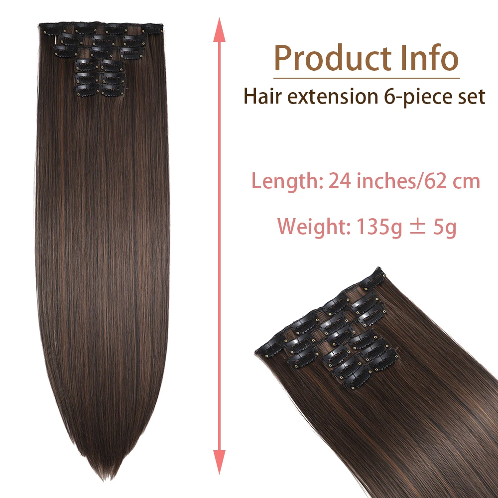 Extensiones de Cabello sintético para mujer, postizos largos y rectos, color rubio y negro, resistentes al calor, 24 pulgadas, 16 Clips, 6 unidades