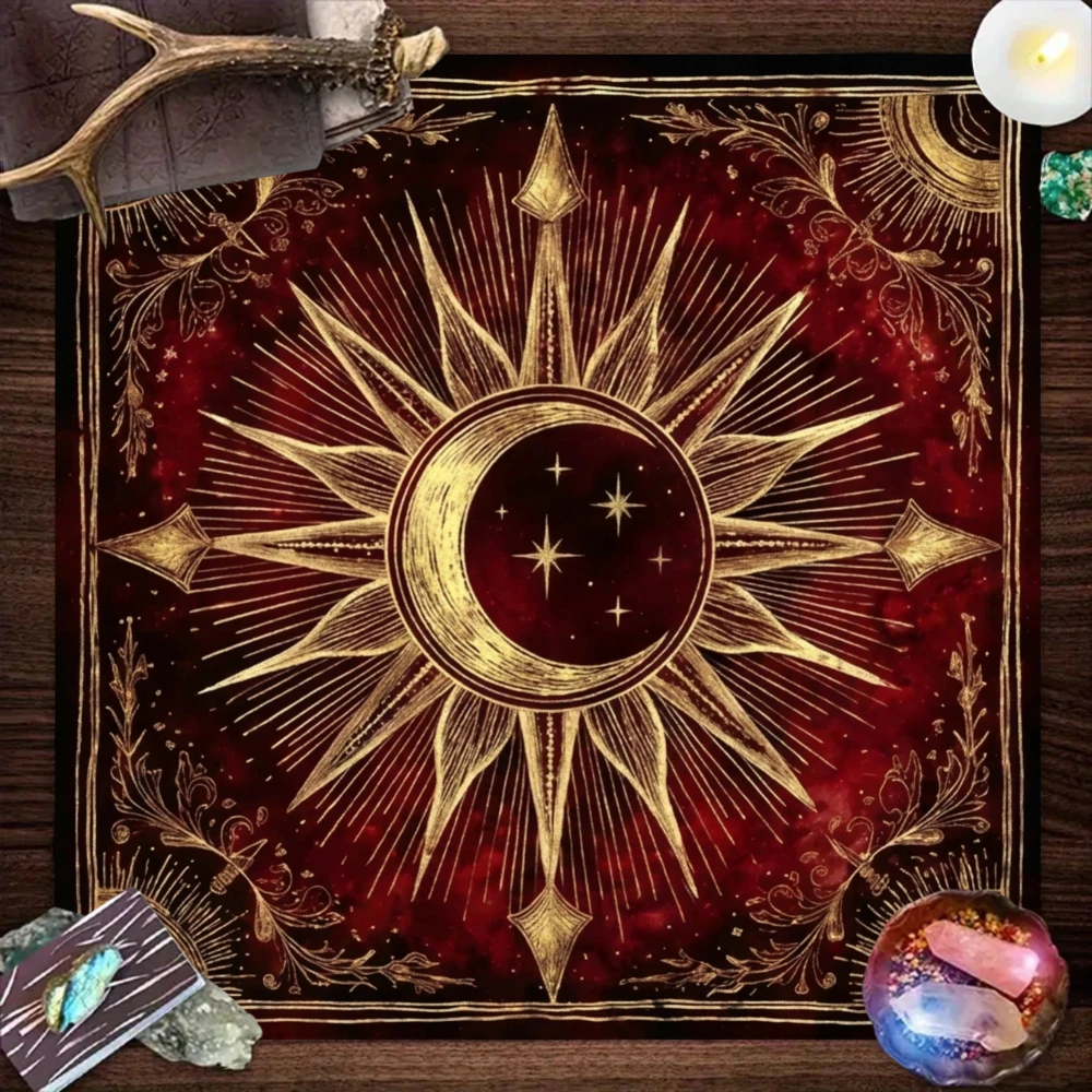 1pc Dark Mystical Style Tablecloth, Red‑Gold Sun Moon Star Print, Tarot & Crystal Healing Mat, Decor for Home Gathering
