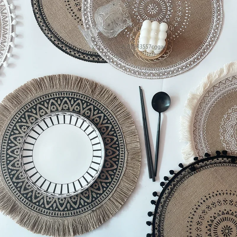 Vintage Pastoral Round Cotton Linen Placemats Handwoven Jute Tassels Placemats Soft Non-slip Table Pads Vase Mats Accessories