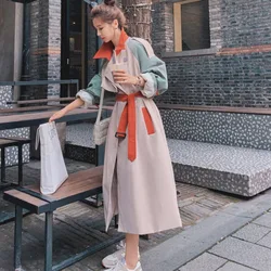 Contrast Stitching Windbreaker Women's Middle Long 2023 Spring Autumn Clothing Korean Version Loose Belt Trench Coat For Women