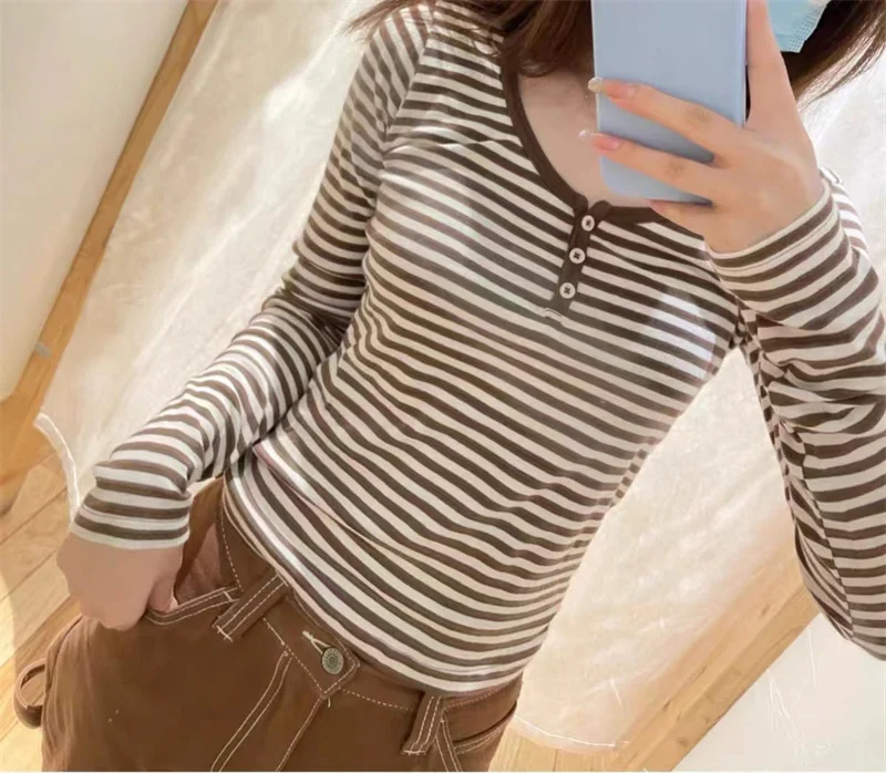 

Slim Striped Long Sleeve T Shirt Woman O Neck T Shirts Autumn Casual Short Top Spring Streetwear