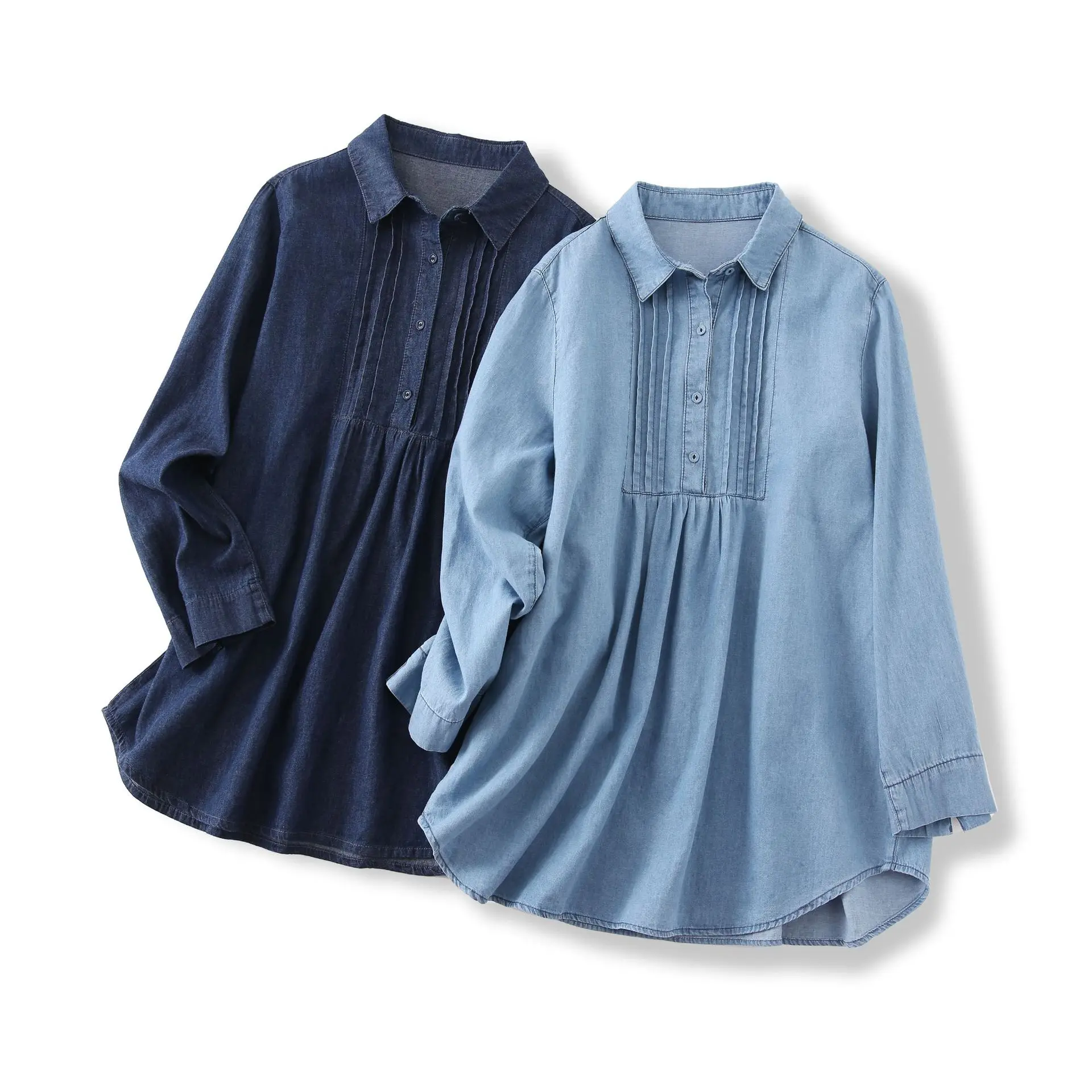 New 2025 Autumn Long Sleeve Denim Shirt, Women Turn-down Collar Folds, Mori Girl French Retro Versatile Loose Blouse T59949CC