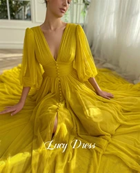 Lucy vestido de graduación amarillo con cuello en V, vestido de fiesta de malla, línea A, vestidos de dama de honor para ocasiones especiales formales