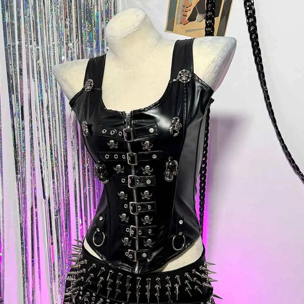 Goth Skull Emo Punk Rock Lace up Eco PU Leather Buster Tank Top for Teen Women Grunge Harajuku Y2K Club Wear Gothic Corset Top