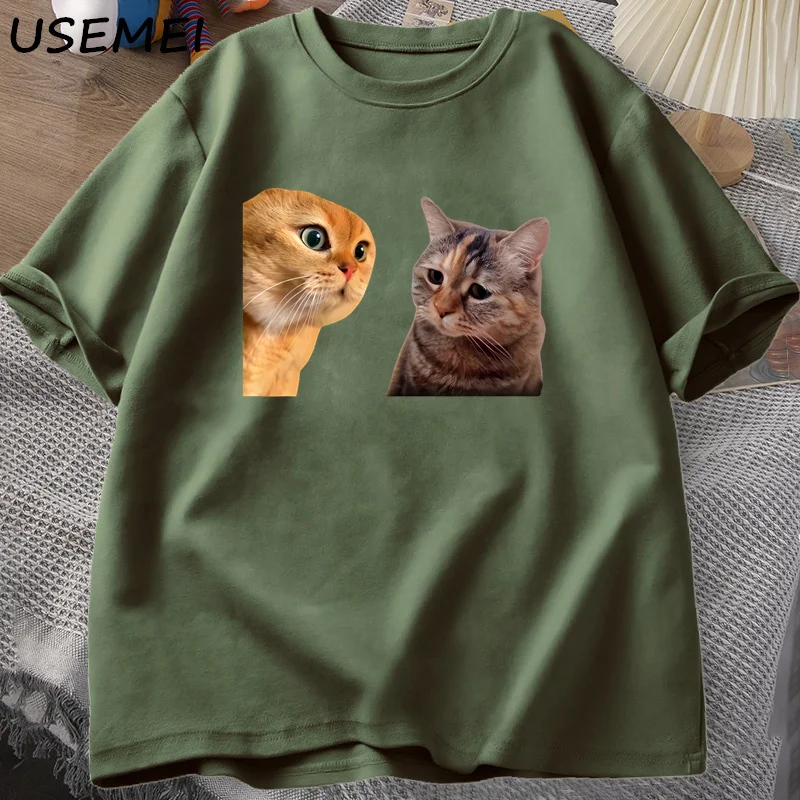 Sad Cat Mewing T-shirt Funny Two Cats Talking Meme Grpahic T Shirts Women Men's Cotton T-shirt Summer Short Sleeve Tees