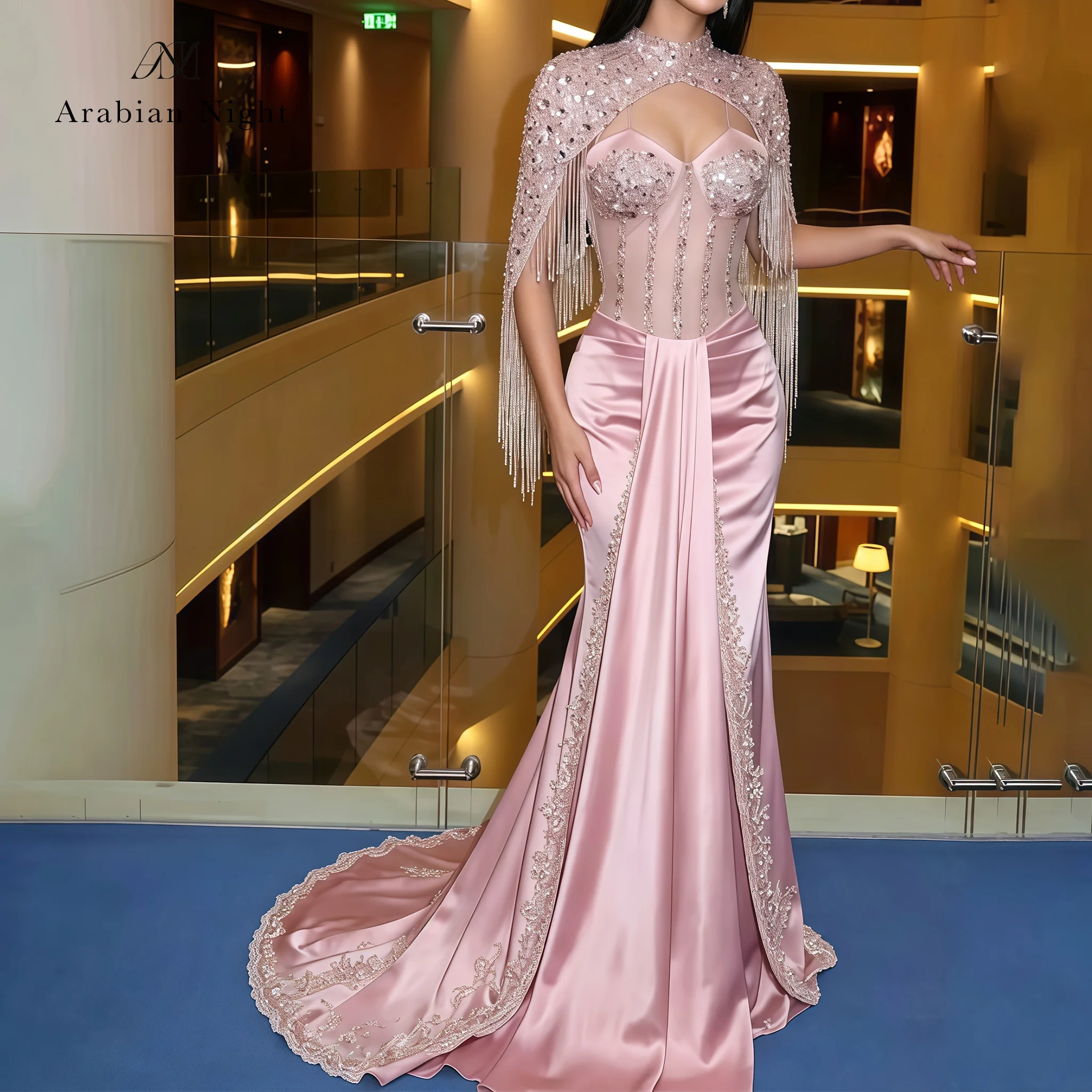 IPink halter-neck strapless floor-length formal ball gown with pleated beaded crystal belt and fringed small blazer
