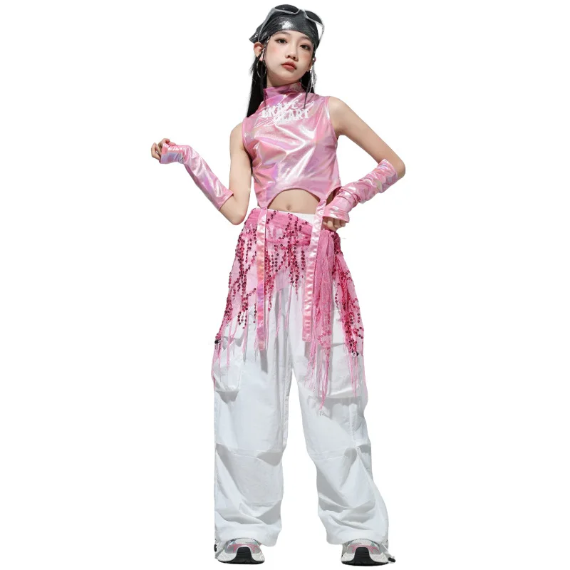 Kid Hip Hop Kleidung Laser Rosa Mock Neck Strap Crop Tank Top Weiß Straße Fallschirm Cargo Hosen für Mädchen Tanz Kostüm Kleidung
