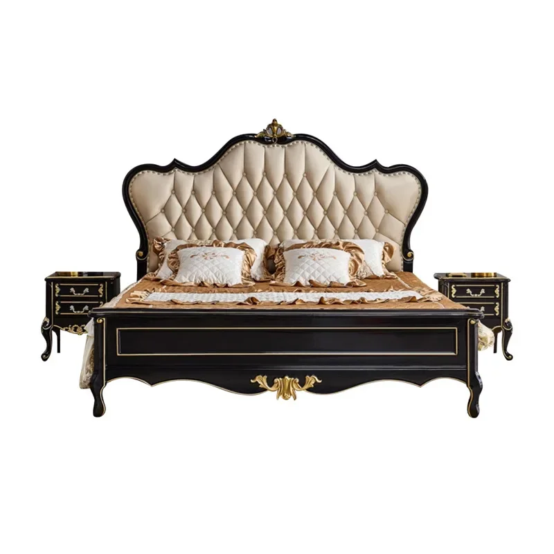 

European solid wood double master bedroom princess bed storage oak carving with soft against ebony bed