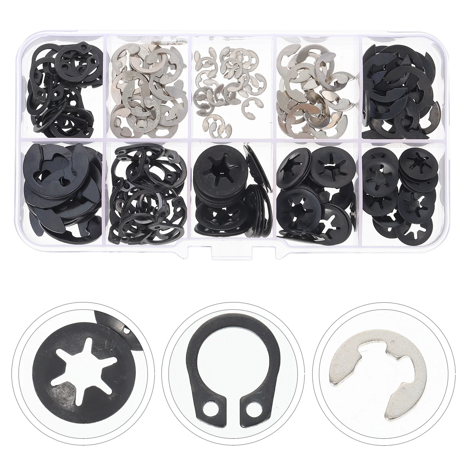 

200pcs Iron E-Shaped Circlip Game Machine Retaining Rings External Snap Ring Assortment E-Type Retaining Ring Washer Kit Game