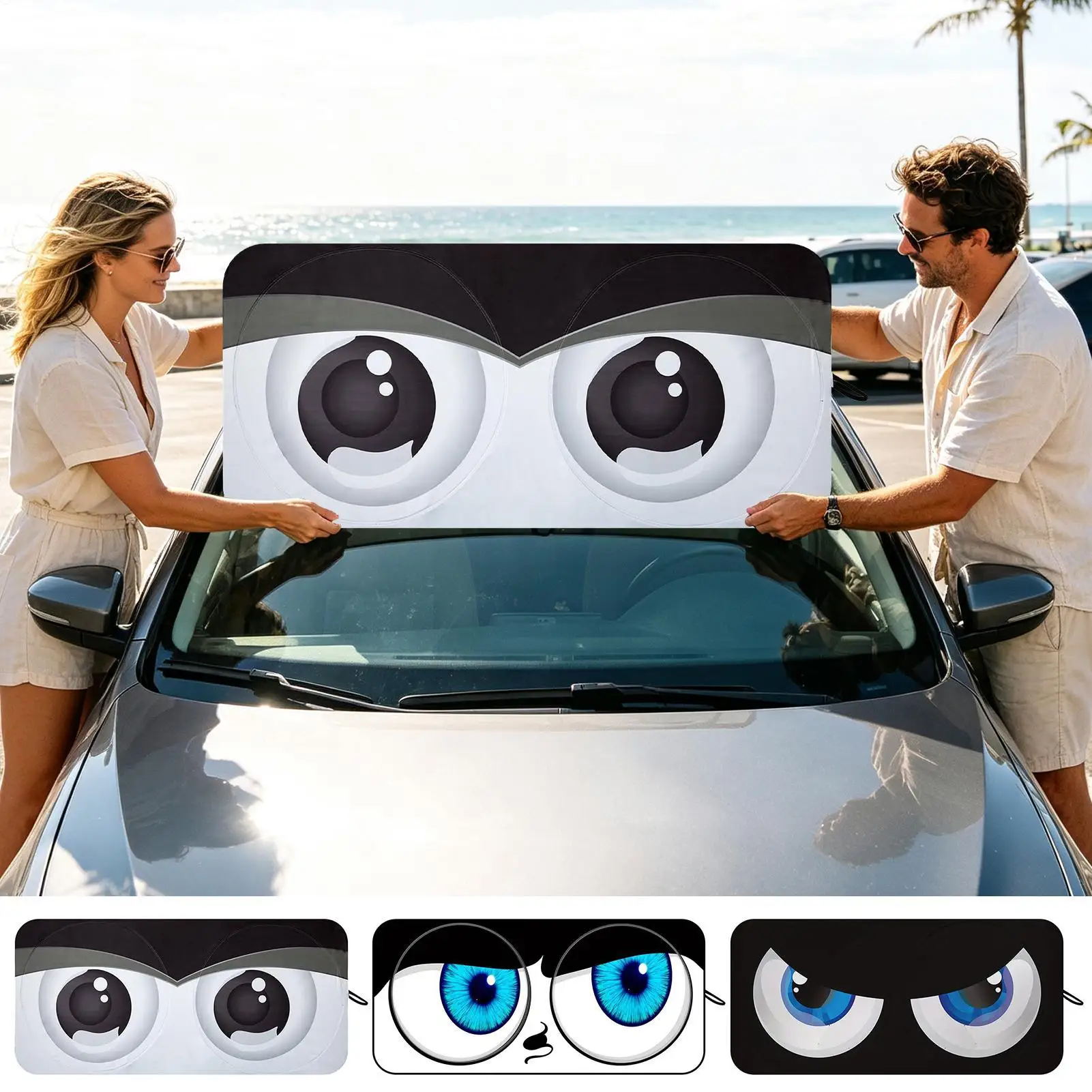Windshield Sun Shade Funny Big Eye Foldable Thickened Car Window Shades Sun Screen For Vehicle SUV RV Sedan Pickup Van Trailer