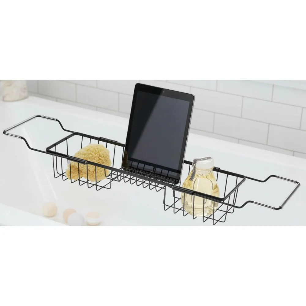 Adjustable Bathtub Caddy Basket - Non-Slip Metal Tray for Bathroom, Holds Tablets & Toiletries, Fits All Tubs