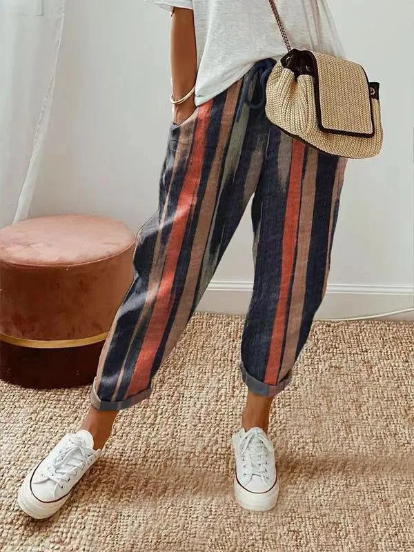 Striped Wide Leg Trousers Women Bohemian High Waist Multi-color Panelled Slim Straight Pants Fashion Lady Beachwear New