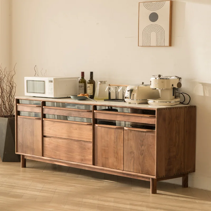 Solid wood dining side cabinet, integrated locker with rock slab against the wall