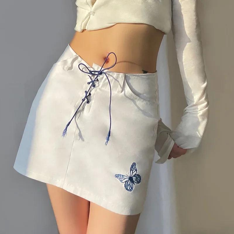 2023 Summer Women High Waist Butterfly Embroidery Pattern Skirt Fashion Lady Solid Slim Casual Streetwear Clothing Short Skirt