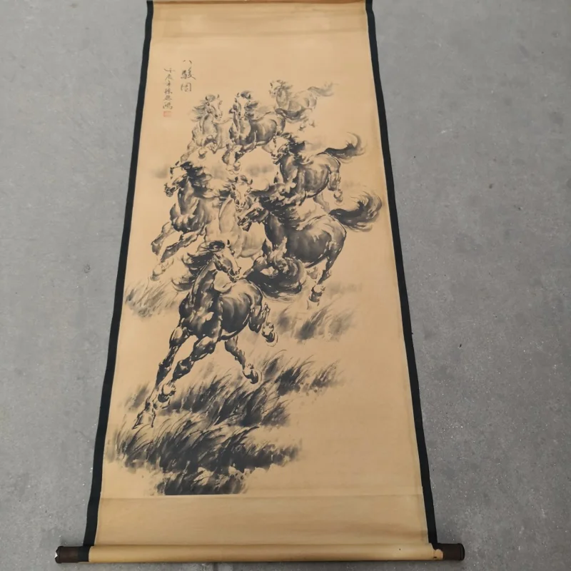 Оптовая продажа, старинная крафт-бумага Zhongtang, традиционная китайская живопись, Офисная подвесная картина с двумя лошадьми, пейзаж Xu Beihong Dist