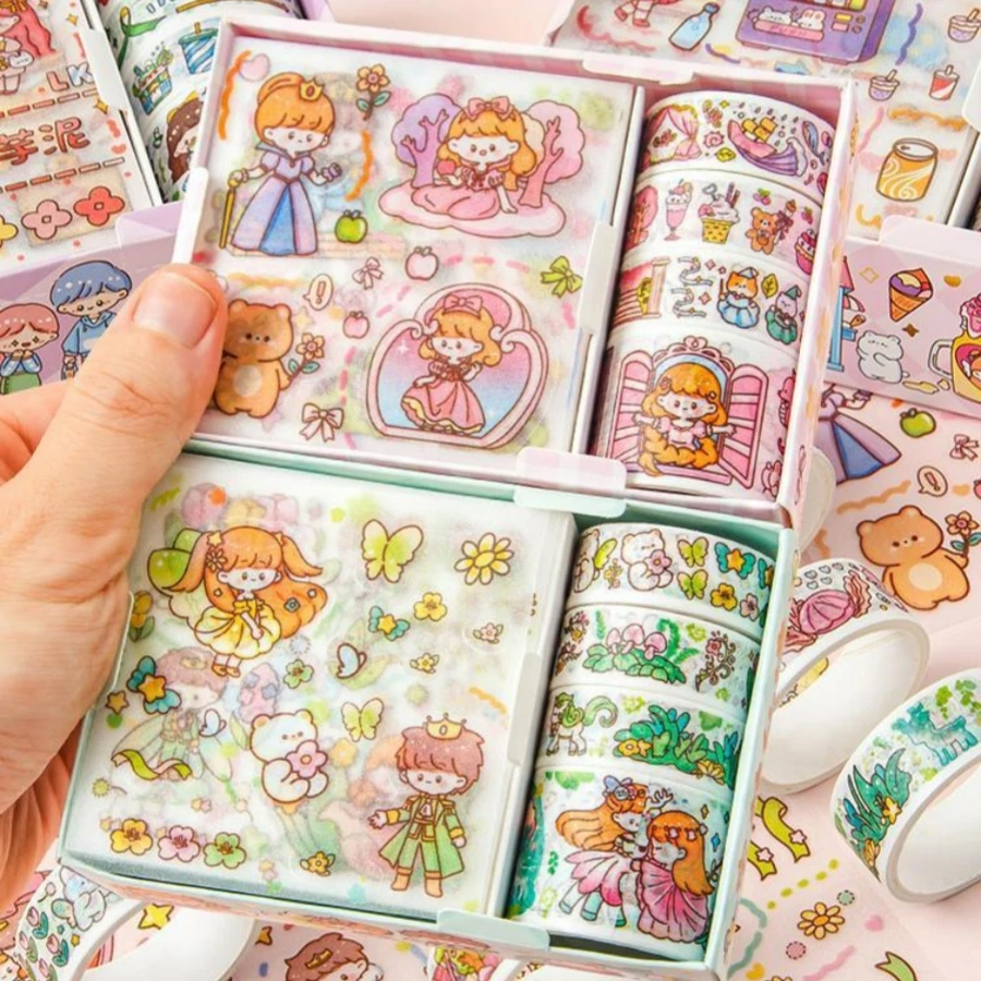 1 box of 4 stickers and 4 rolls of adhesive tape sticker gift set Used for notebook DIY cartoon sticker set children\'s stickers