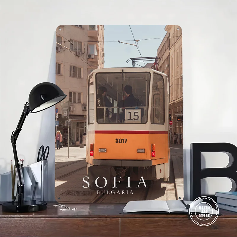 Sofia Tram in Bulgaria Poster Retro 3D Printed Metal Signs Customized Wall Hanging Gift for Modern Home Decoration Luxury Room