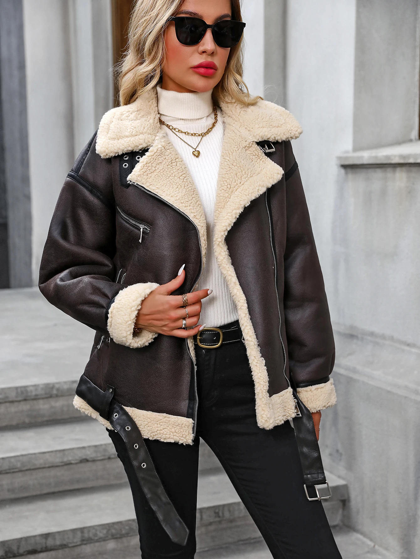 Fitaylor Winter Women Faux Lamb Fur Leather Jacket High Street Motorcycle Outwear Casual Lady Thick Warm Coat