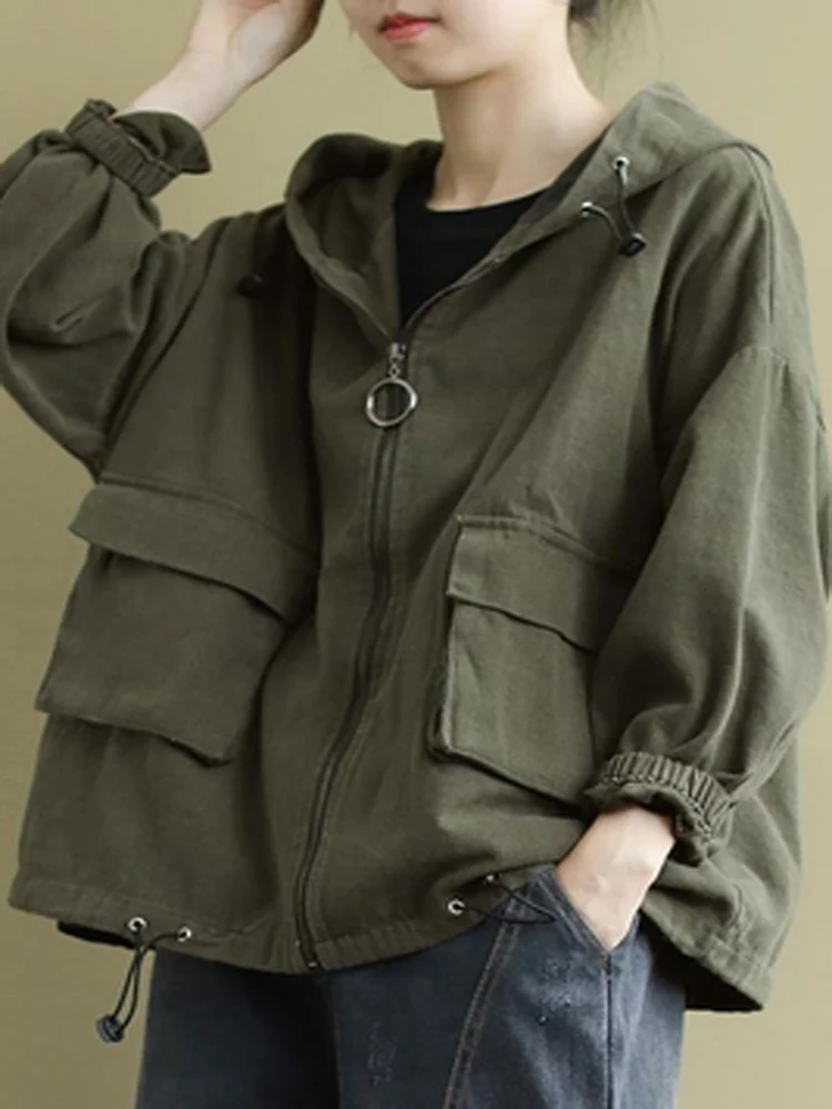 

Autumn Women's Jackets New Loose And Artistic All-match Casual Outerwear Hooded Army Green Oversized Long Sleeves O-neck Coat