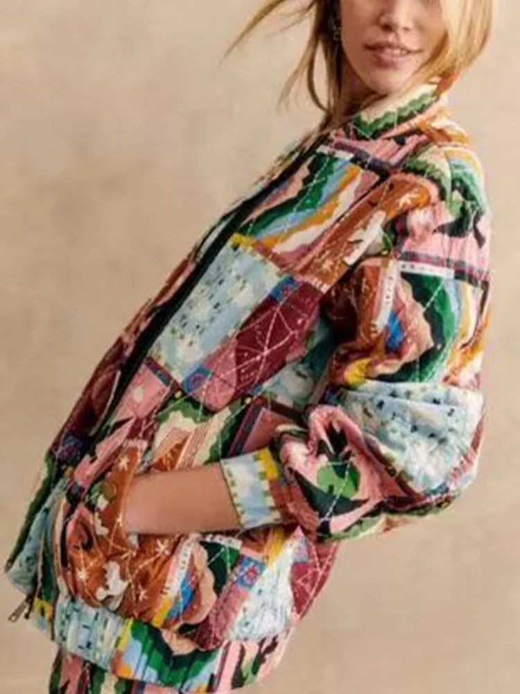 Cappotto in cotone con giacca allentata abbinata ai colori graffiti alla moda in stile pigro retrò da donna invernale in stile europeo e americano