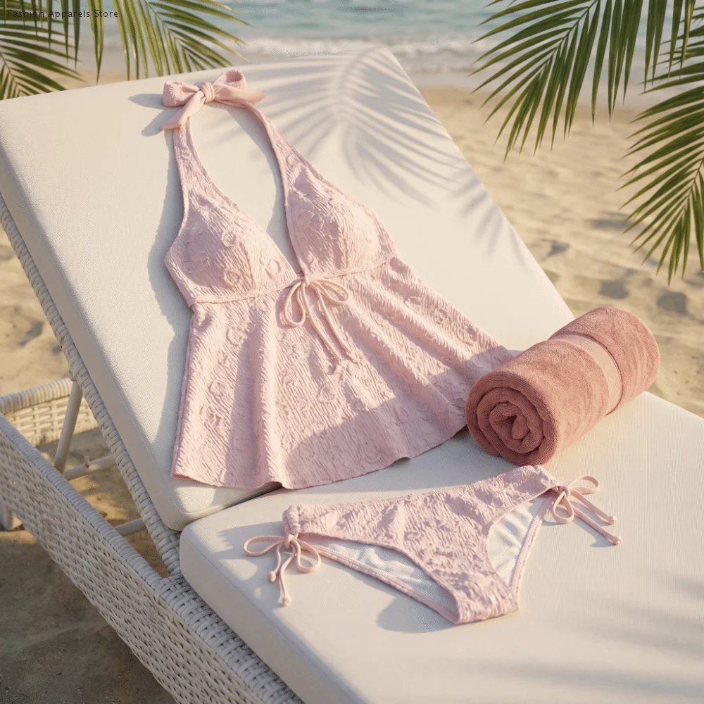 Stylish Halter Neck Sling Two Pieces Bikini Suit V-Neck Slim Fit Hanging Neck Swimwear Set Summer Y2k Beachwear Clothing Ladies