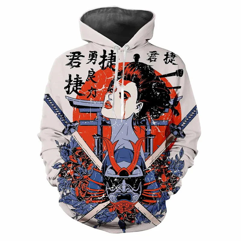 3D Printed Japanese Kabuki Hoodies For Men Cartoon Pattern Pullovers Fashion Casual Hooded Loose Tops Sweatshirts Long Sleeves