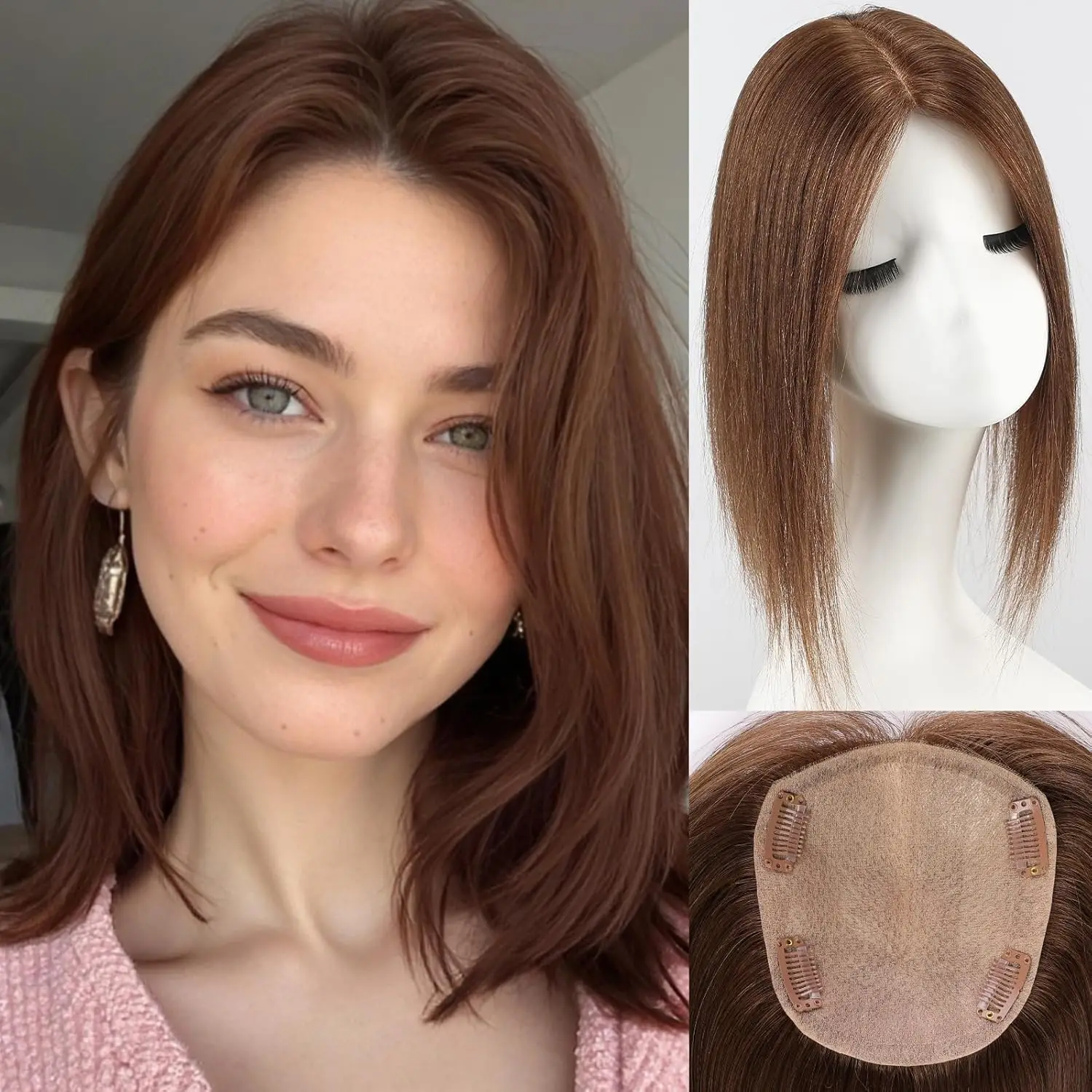 

Medium Brown Real Remy Human Hair Topper No Bangs 12 inch Hair Toppers for Women 5"*5.5" Large Base Hair Toppers Add Volume