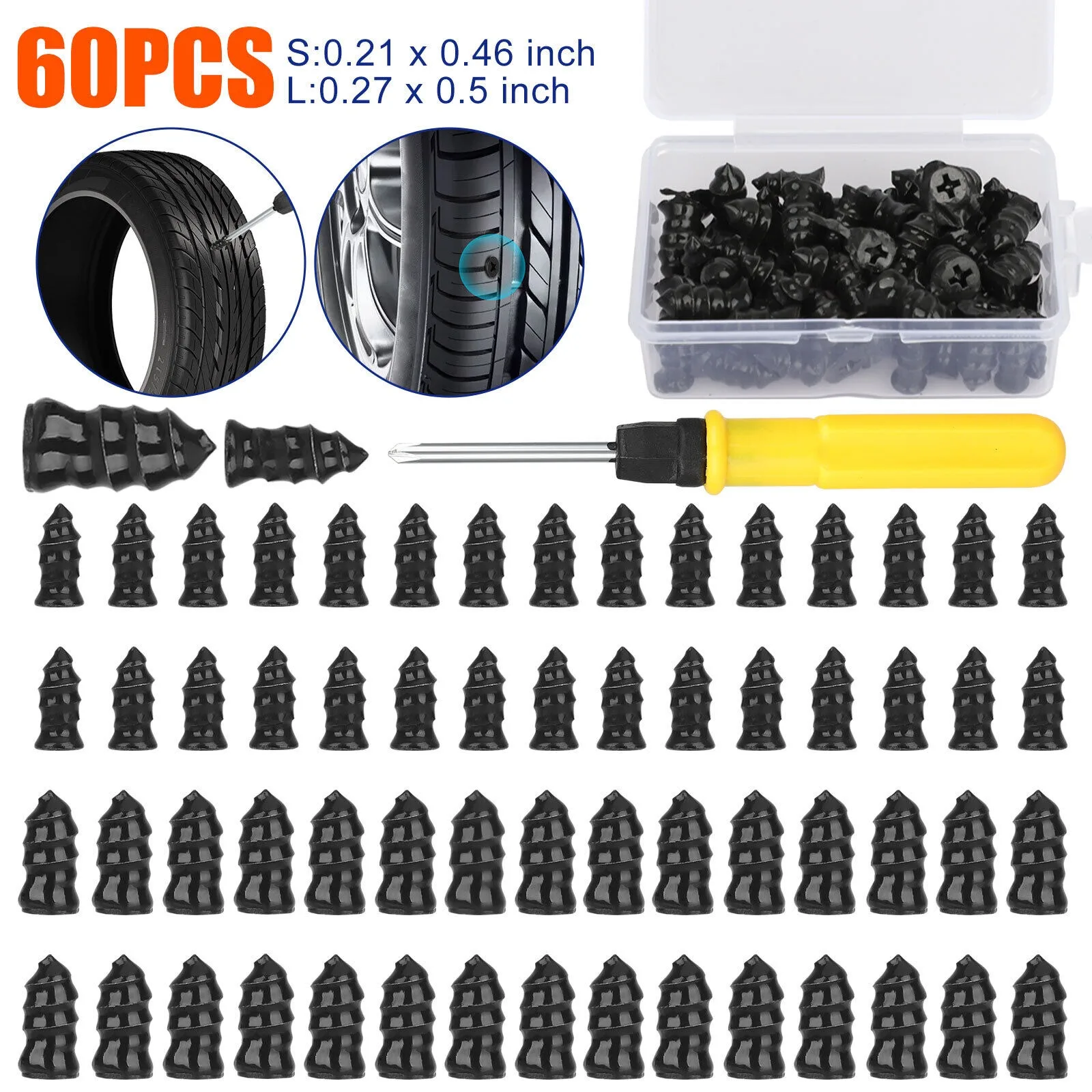 60 uds. De clavos para reparación de neumáticos de coche, clavos de tornillo de goma + juego de herramientas con caja, parche para reparación de neumáticos de Moto, clavo para coche con destornillador
