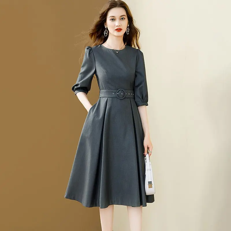 Fashion Office Ladies Work Midi Long Dress Women Elegant Puff Sleeves O-Neck Grey A-Line Belt Tunic Dress Spring Summer 2023