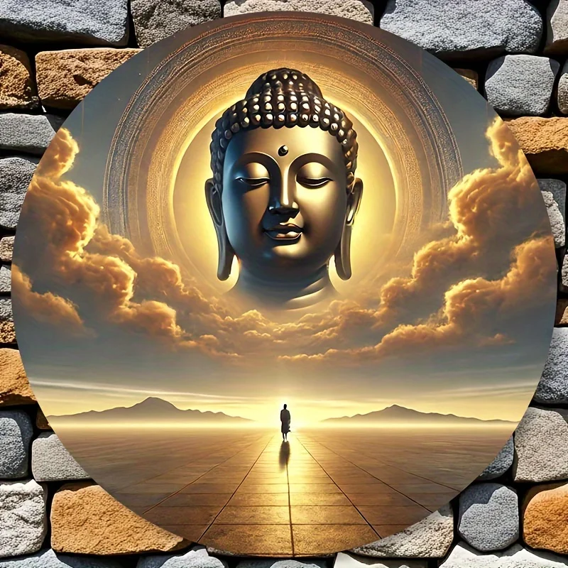 

Buddha Head Floating in The Golden Mysterious Sky, Round Iron Sign, Round Iron Decoration, Buddhist Theme, Office Decoration