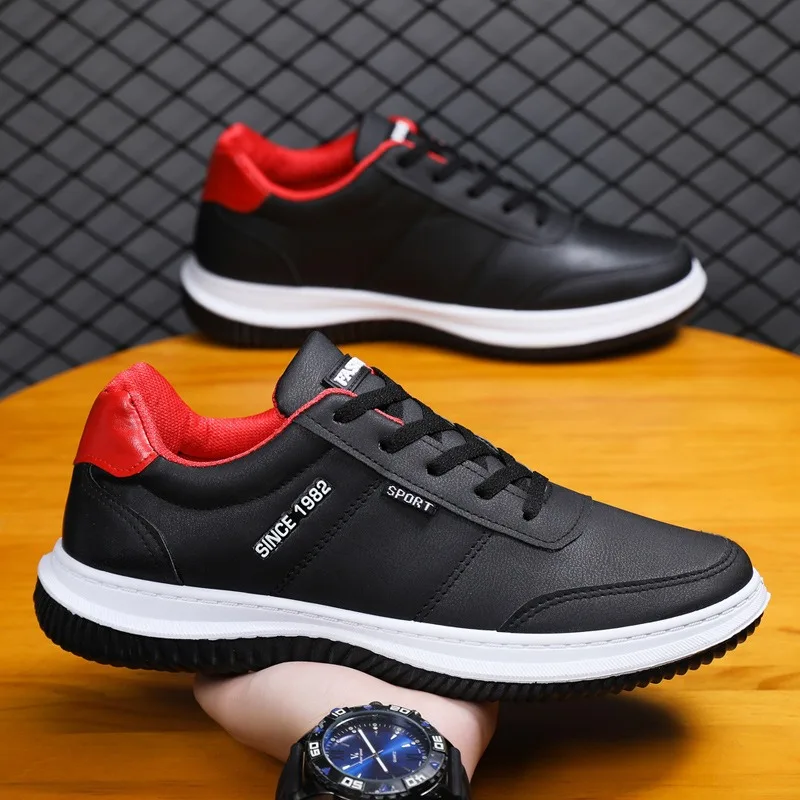2026 Men Korean Style Leather Sneakers Autumn New Non Slip Shock Absorbing Training Shoes Lightweight Business Men Running Shoes