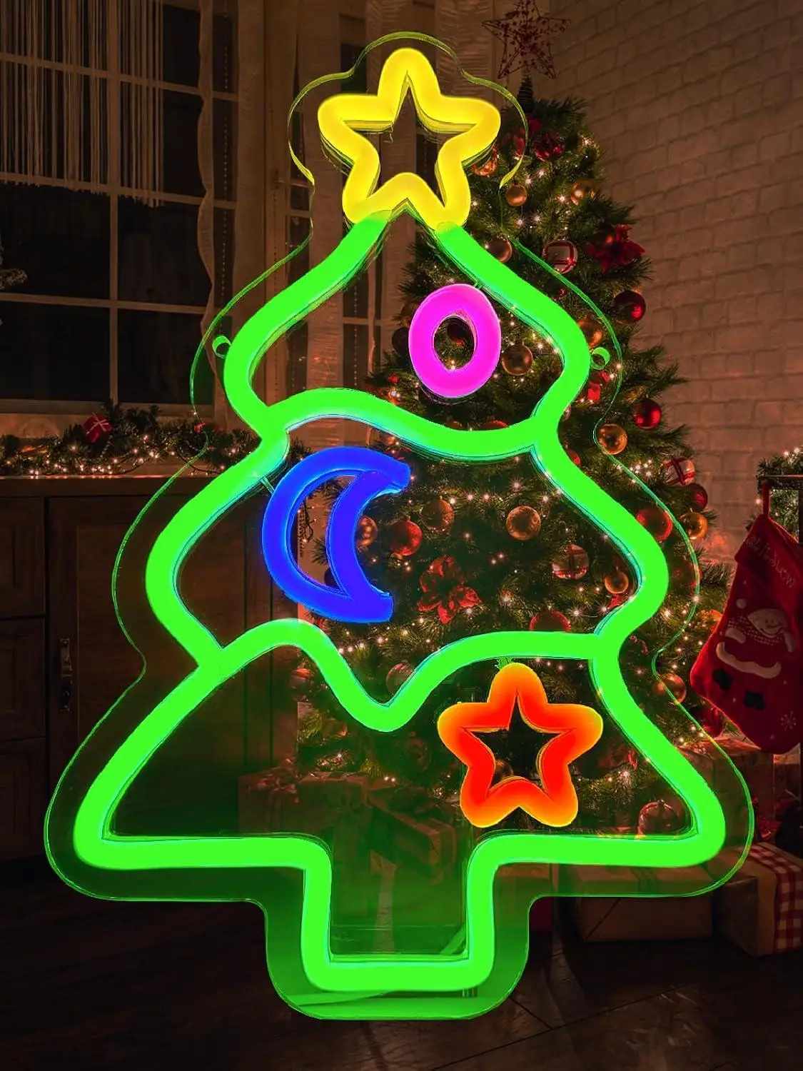 Star Moon Christmas Tree Neon Sign USB Dimmable LED Lights For Xmas Holiday Party Home Window Indoor Wall Decoration Gifts