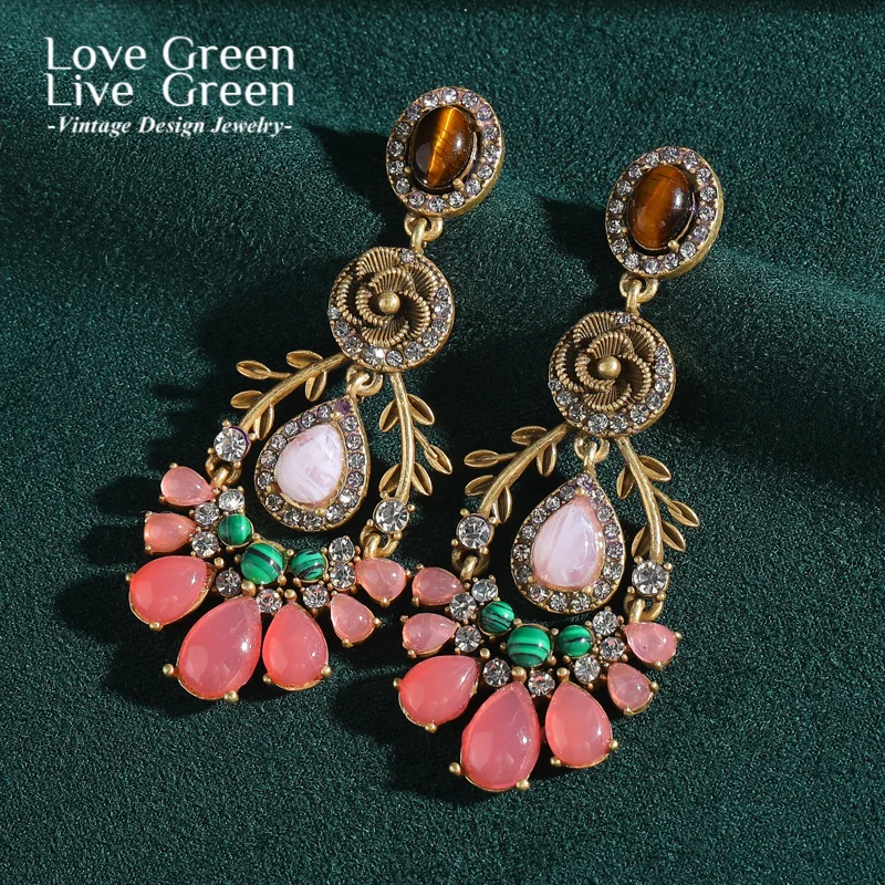 

Vintage Tiger Eye Stone Drop Pink Earrings Crystal Large Drop Gold Color Jewelry Luxury Designer Woman Accessories Wedding 2025