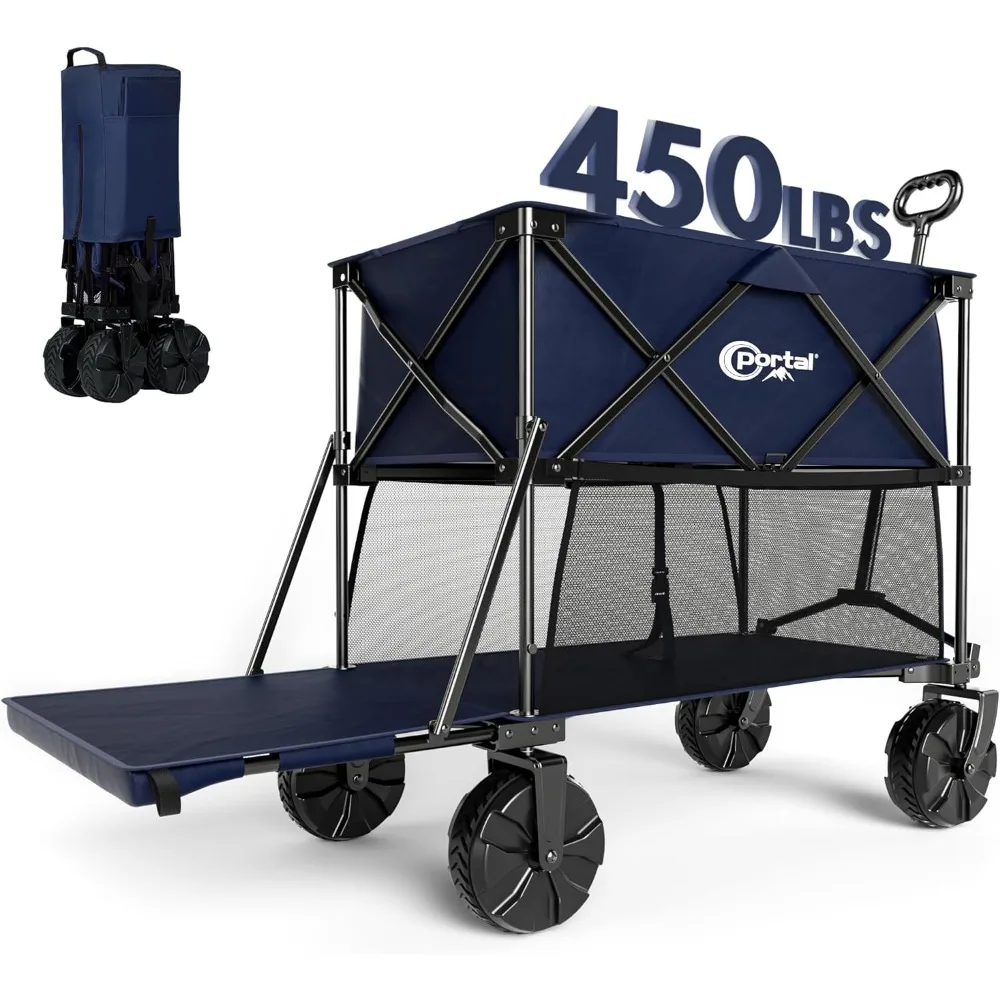 PORTAL Collapsible Double Decker Wagon, Folding Wagon Cart with Tailgate, Beach Wagon with Big Wheels, 450LB Heavy Duty