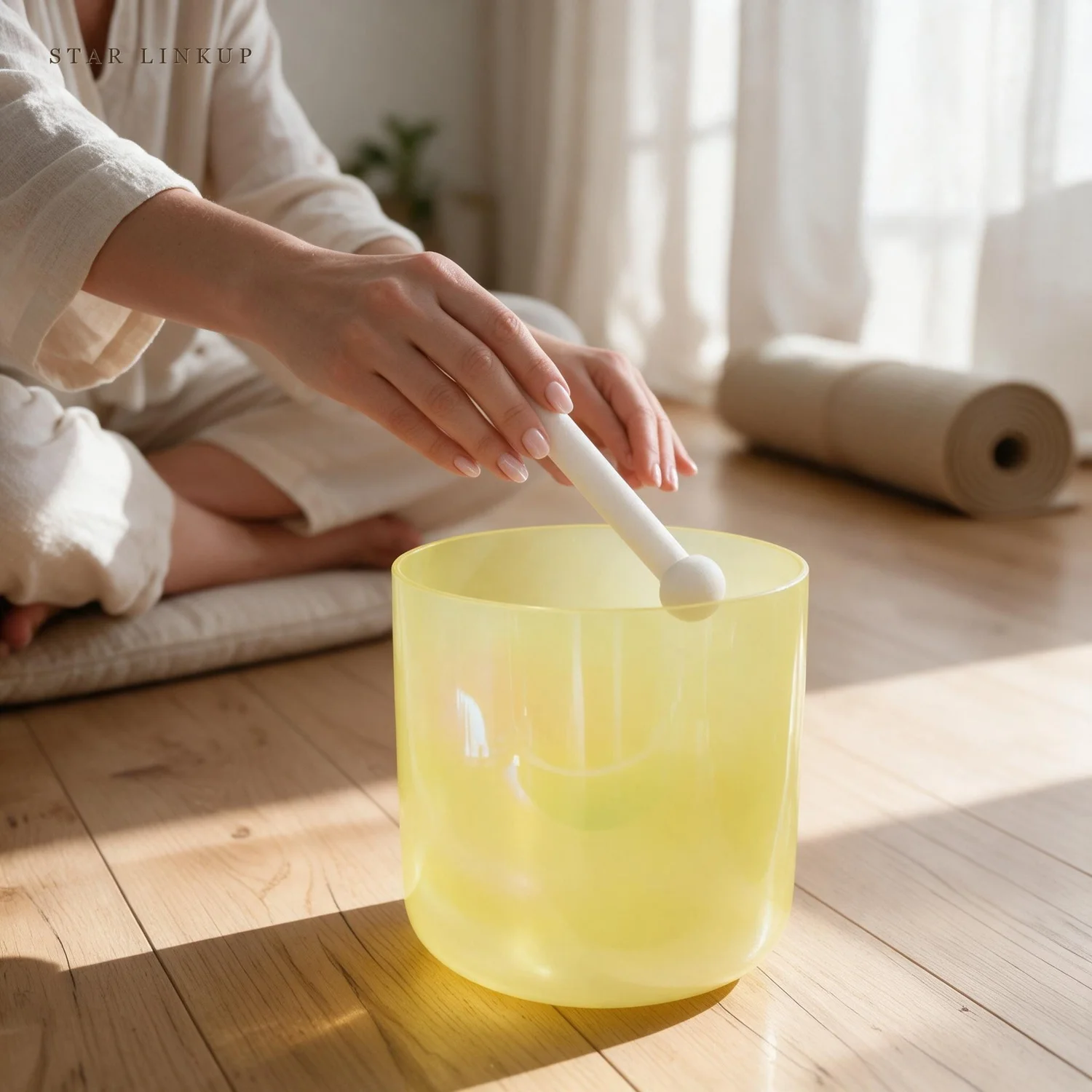 STAR LINKUP Model SL-2488 6 Inch Clear Quartz Crystal Singing Bowl with Mallet Neon Flowing Sand Cosmic Light - Handmade Quartz Sound Therapy Instrument for Yoga Studio, Meditation and Energy Clearing