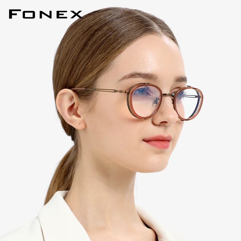 FONEX Acetate Titanium Glasses Frame Men Brand Design Vintage Eyeglasses Women Retro Oval Spectacles Japanese Eyewear E054