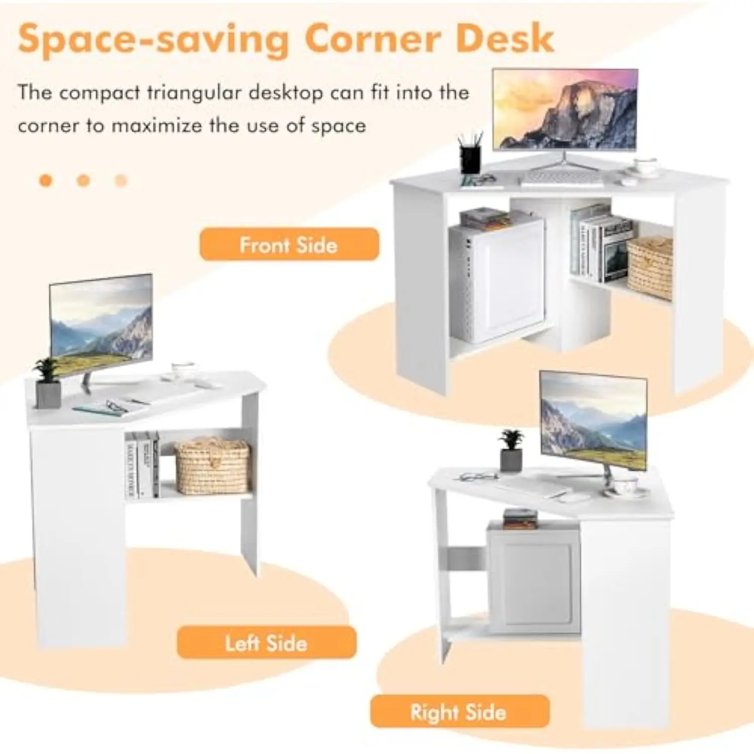 Corner Computer Desk, Space-Saving Triangular Writing Desk W/ 2 Storage Shelves & 2 Cable Holes, Multi-Functional Console Tabl