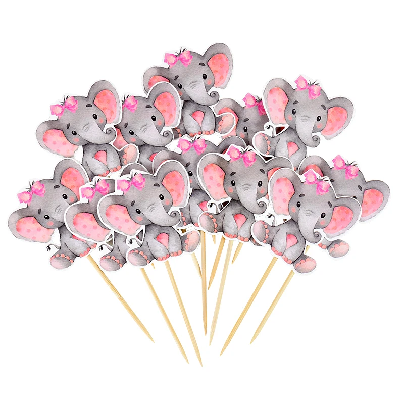 12Pcs Blue Pink Elephant Cupcake Topper Baby Shower Cake Toppers Kids Birthday Party Cake Decoration Supplies