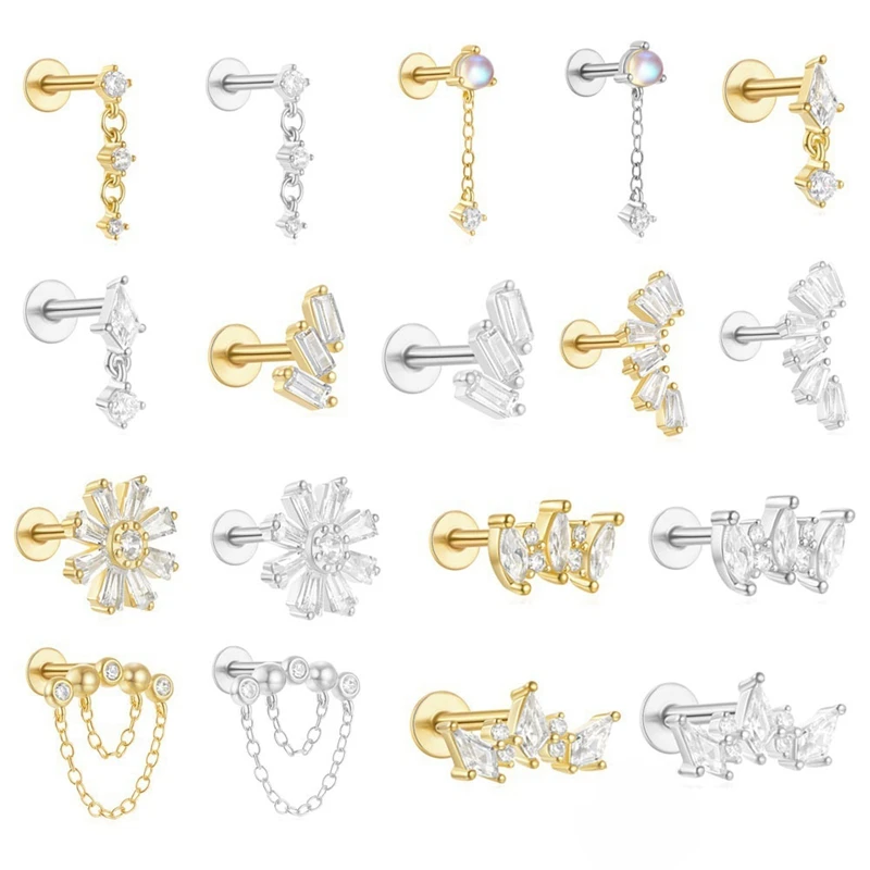 1pc Titanium Marquise Zircon Chain Dangle Inner Thread Lip Ring Fashion Ear Piercing Helix Tragus Conch Trendy Body Ornaments