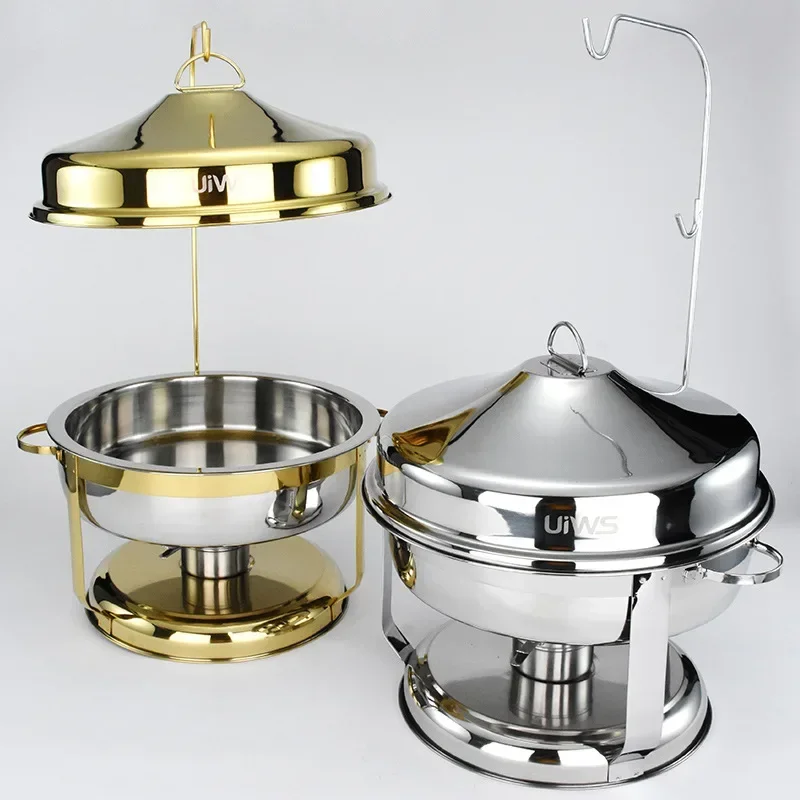 9L Luxurious stainless steel food warmer buffet stove gold hanging hinged lid round equipment chafing dish buffet set for sale