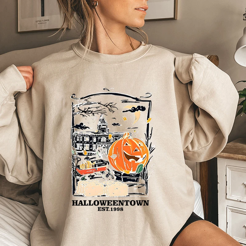 Moda Halloween Pumpkin Print Pullover For Women Autumn Winter Casual O Neck Hoodless Sweatshirt Plus Size Pure Color Pullover