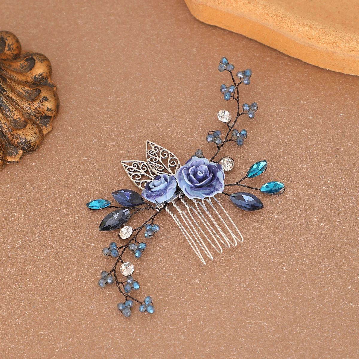 Blue Purple Ceramic Rose Hair Comb  Crystal Bead Wire Vine Leaf Hair Pins  Vintage Bridal Wedding Hair Accessories image 5