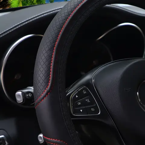 PU Leather Embossed Steering Wheel Cover 14.5-15 Inch round Rimless Design for All Seasons Men Women Cars