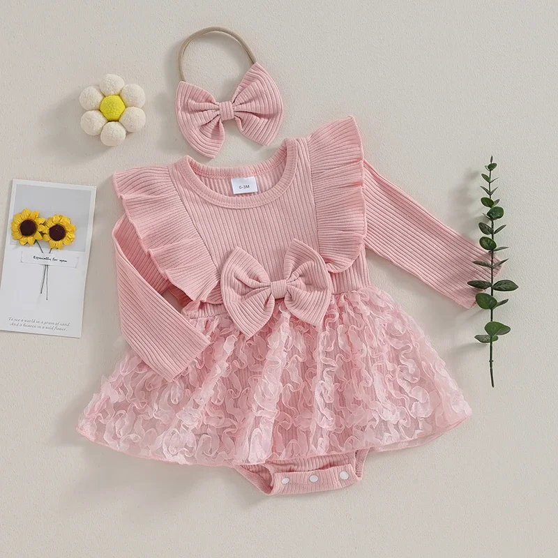 Baby Girls Rompers Dress Long Sleeve Bowknot Lace Layered Tulle Skirt Hem Toddler Bodysuits with Headband Children's Clothing image 3