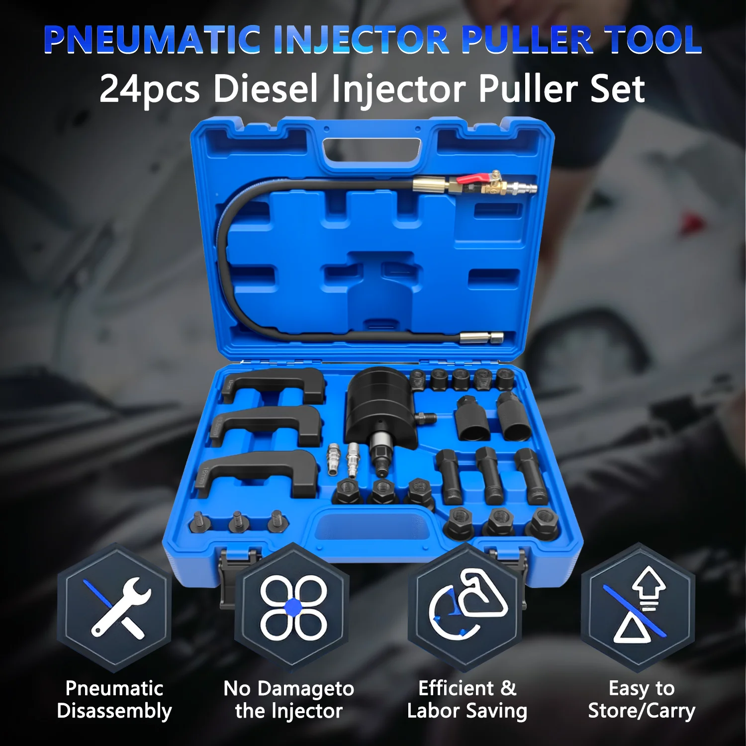 24 Piece Pneumatic Diesel Injector Puller Kit, Pneumatic Injector Extractor Puller Kit with 19 Adapters