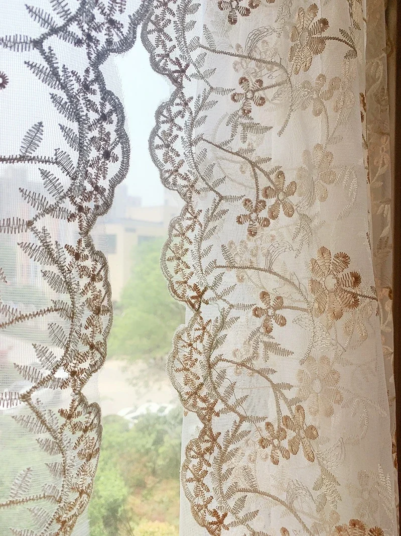 American Style Retro Beautiful Romantic Coffee Semi Short Embroidered Long Curtain for Kitchen Door Curtain Window Decor Valance