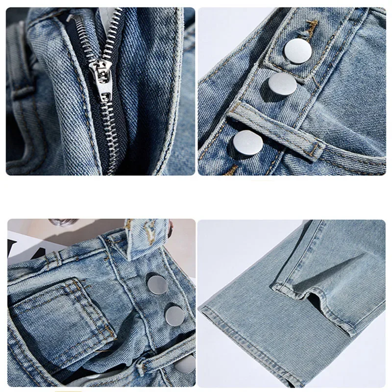 Calça jeans feminina com furo de cintura alta, botão, com zíper, calça reta, monocromática, feminina de perna larga, primavera, outono, senhoras, 2022