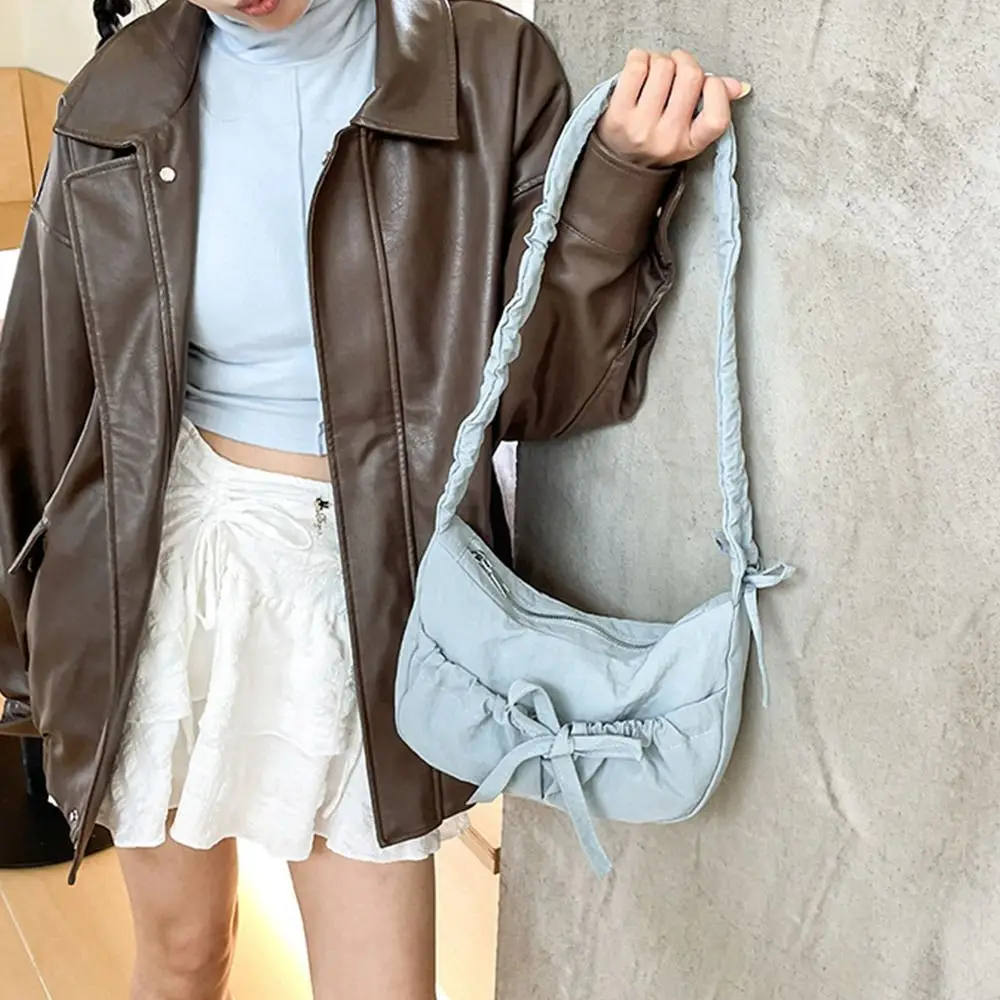 

Ins Solid Color Bow Pleated Bag Chic Kroean Style Pleated Shoulder Bag Sweet Zipper Women's Handbag Lady